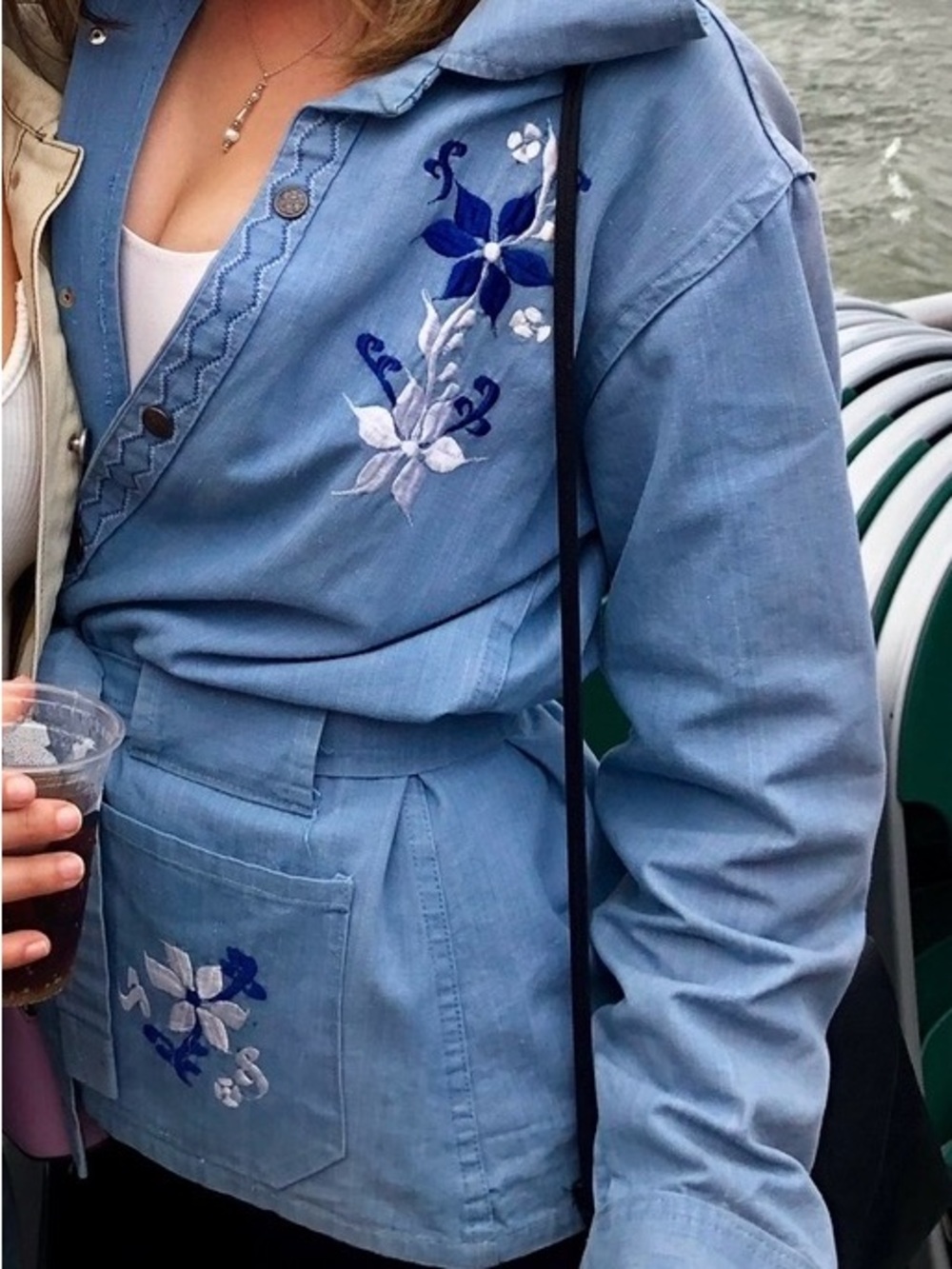 Vintage Light Blue Hand-Embroidered Women's Jacket